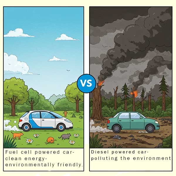 Image shows the difference in pollution from petrol and diesel cars compared to a car using a fuel cell where water is the only pollutant